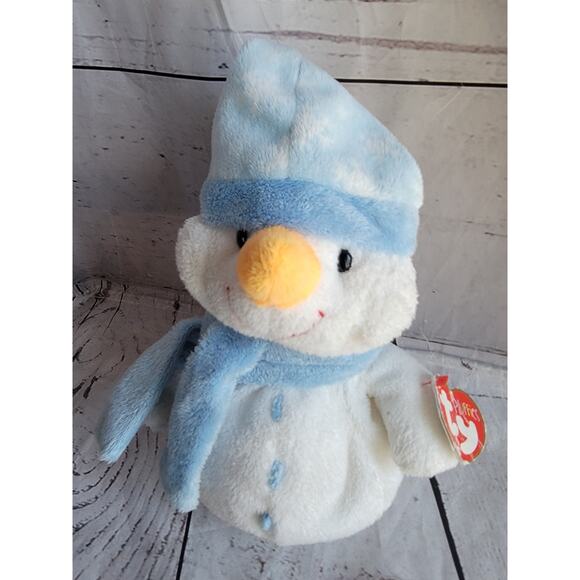 Ty Pluffies Windchill Snowman Bean Plush 8in 2004 Blue Cap Stuffed Animal Toy - Picture 2 of 8